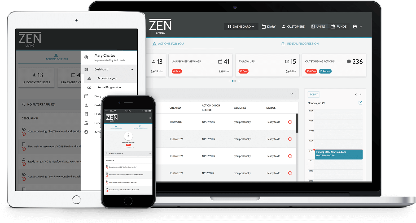 3 devices showing Dwellant's different product dashboards